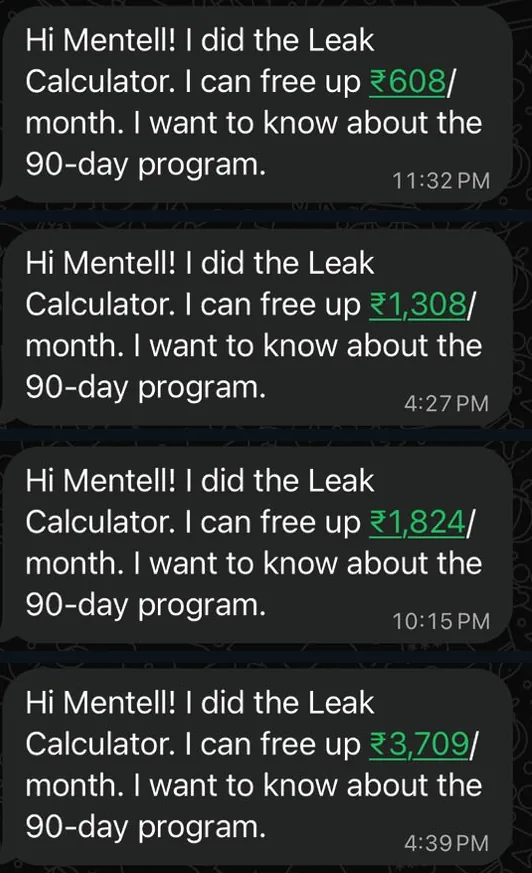 Four WhatsApp enquiries to Mentell after using the free Leak Calculator, each asking about the 90-day programme