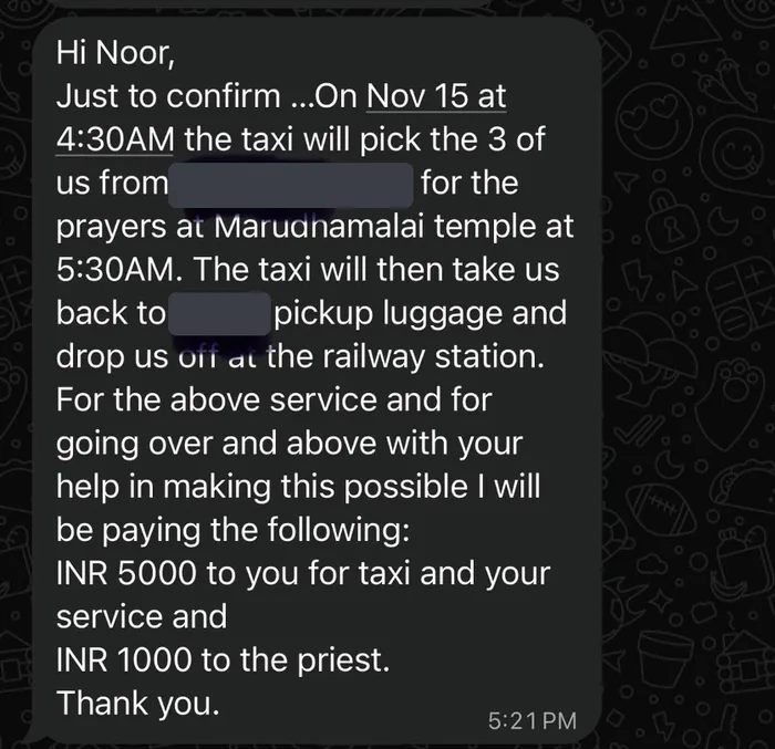 WhatsApp message from a Murugaaa client confirming a taxi and temple visit on 15 November, paying ₹5,000 for the service and ₹1,000 to the priest